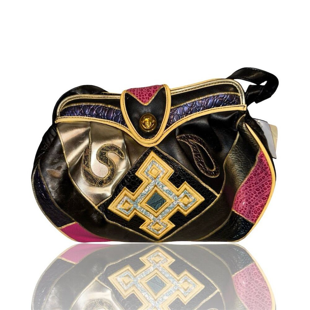 Vintage NAS Patchwork Shoulder Bag Black 1980s Alentino Design: Deadstock: NWT